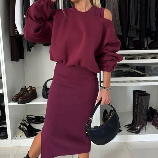 🍂Damen-Set mit Sweatshirt mit schrägen Schultern und ärmellosem Kleid🌸