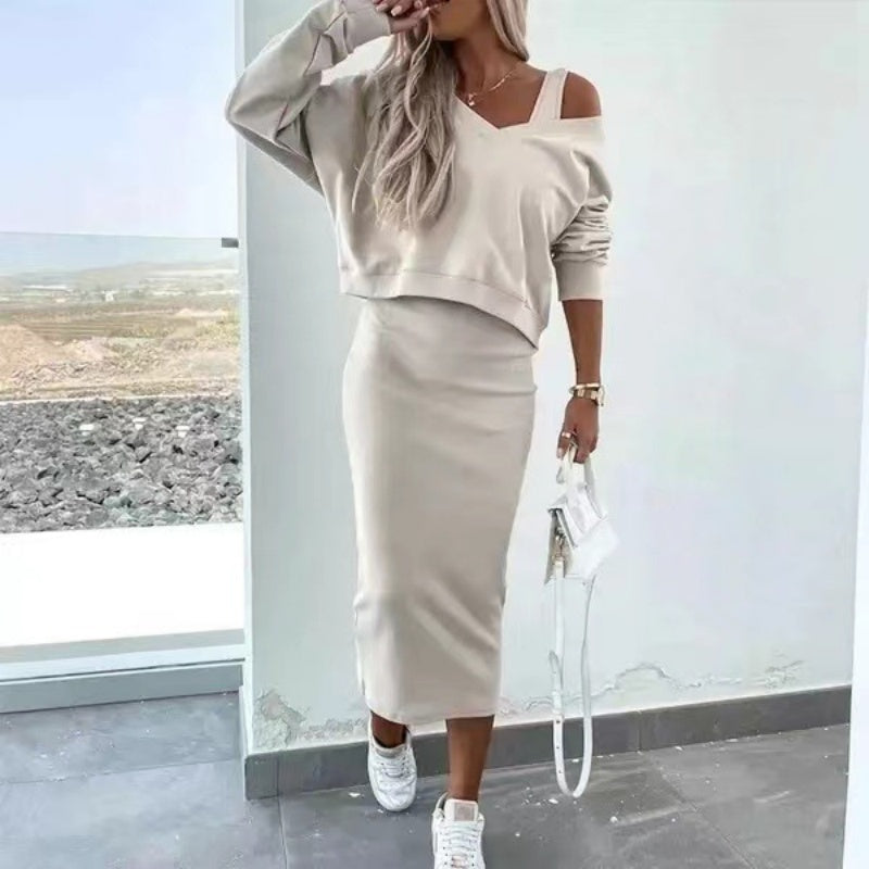 💥Women's 2-Piece Set Sleeveless Dress & Loose V-Neck Pullover