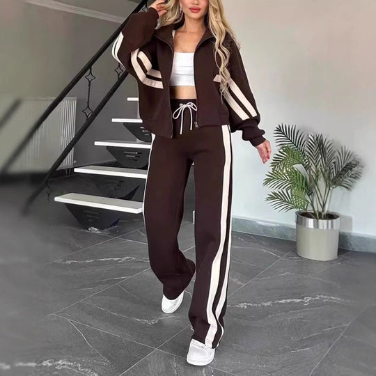 🎁Zweiteiler für Damen:✨ 2-teilige gestreifte Jacke mit Reißverschluss und lässige Hose🌸
