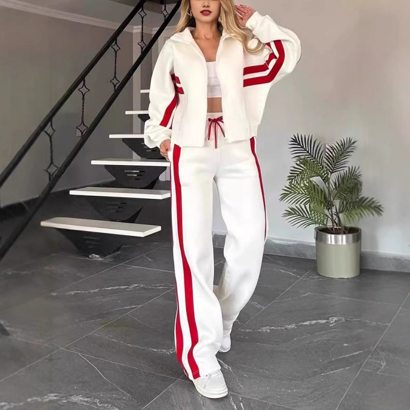 🎁Zweiteiler für Damen:✨ 2-teilige gestreifte Jacke mit Reißverschluss und lässige Hose🌸