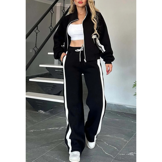 🎁Zweiteiler für Damen:✨ 2-teilige gestreifte Jacke mit Reißverschluss und lässige Hose🌸