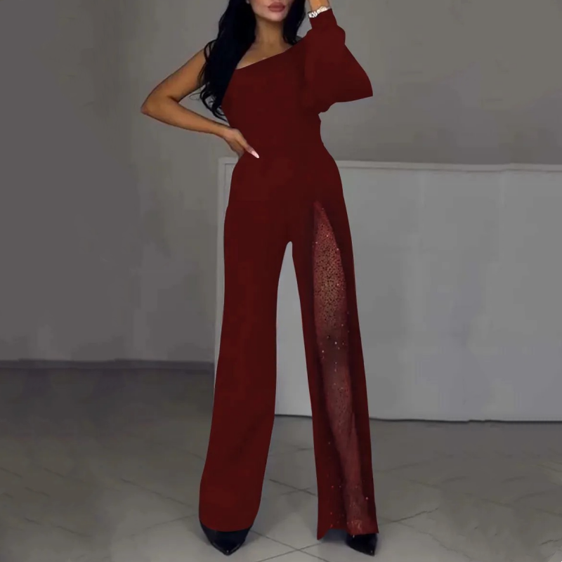 ✨👠Damen One Shoulder Glitter Mesh Flared Jumpsuit🖤 Mode Party Essential, funkeln und glänzen, ziehen Sie die Aufmerksamkeit auf sich!