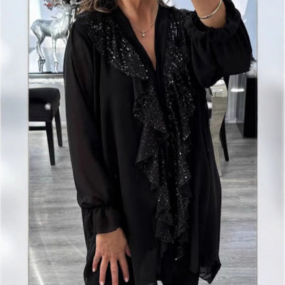 🎅 Festliche Vorratssale💥💃Langärmliges Chiffon-Shirt mit V-Ausschnitt und Pailletten für Damen🎁