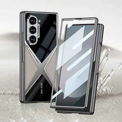 Cool Design Electroplated PU Leather Spliced Protective Shell with 9H Tempered Screen Protector for Samsung Galaxy Z Fold6/5/4/3