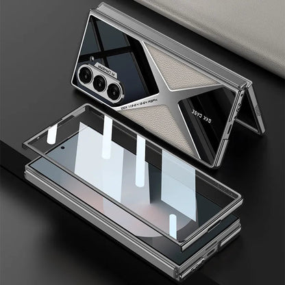 Cool Design Electroplated PU Leather Spliced Protective Shell with 9H Tempered Screen Protector for Samsung Galaxy Z Fold6/5/4/3