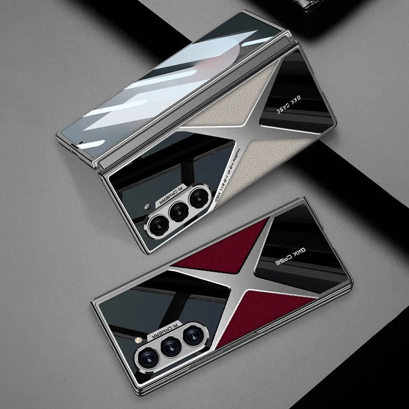 Cool Design Electroplated PU Leather Spliced Protective Shell with 9H Tempered Screen Protector for Samsung Galaxy Z Fold6/5/4/3
