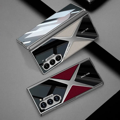 Cool Design Electroplated PU Leather Spliced Protective Shell with 9H Tempered Screen Protector for Samsung Galaxy Z Fold6/5/4/3