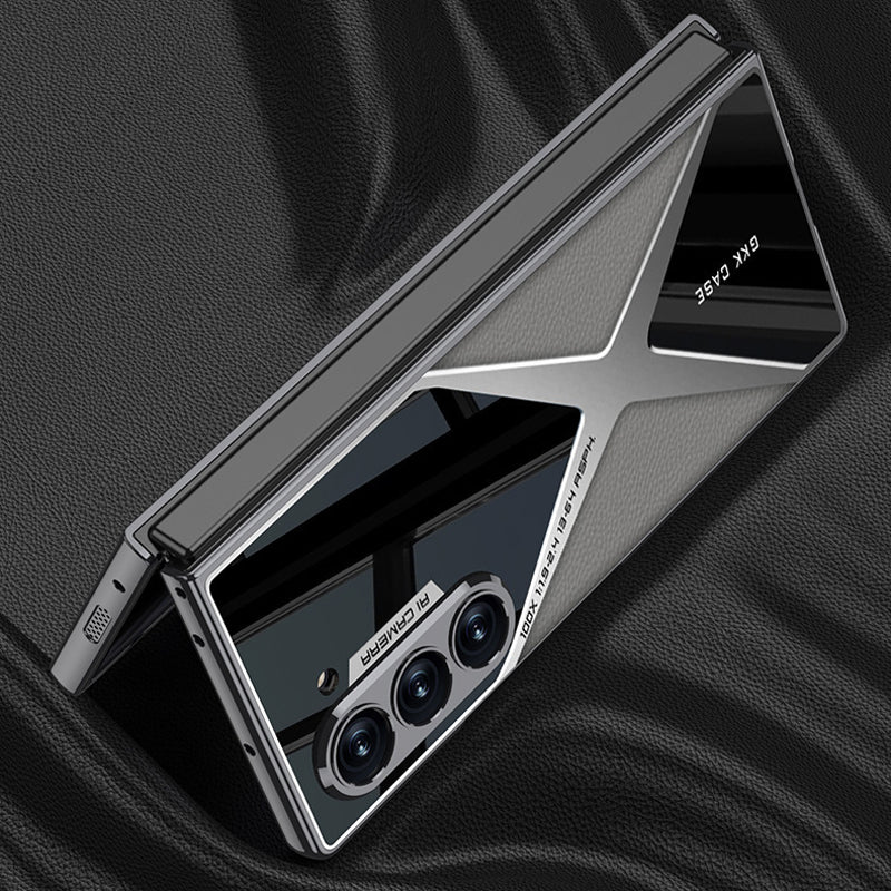 Cool Design Electroplated PU Leather Spliced Protective Shell with 9H Tempered Screen Protector for Samsung Galaxy Z Fold6/5/4/3