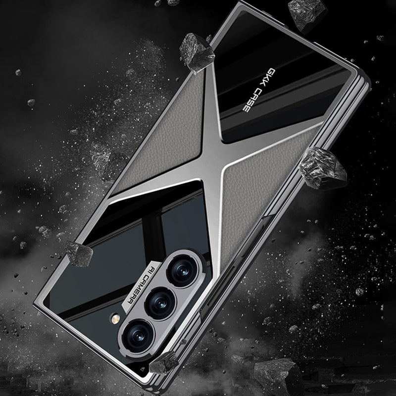 Cool Design Electroplated PU Leather Spliced Protective Shell with 9H Tempered Screen Protector for Samsung Galaxy Z Fold6/5/4/3