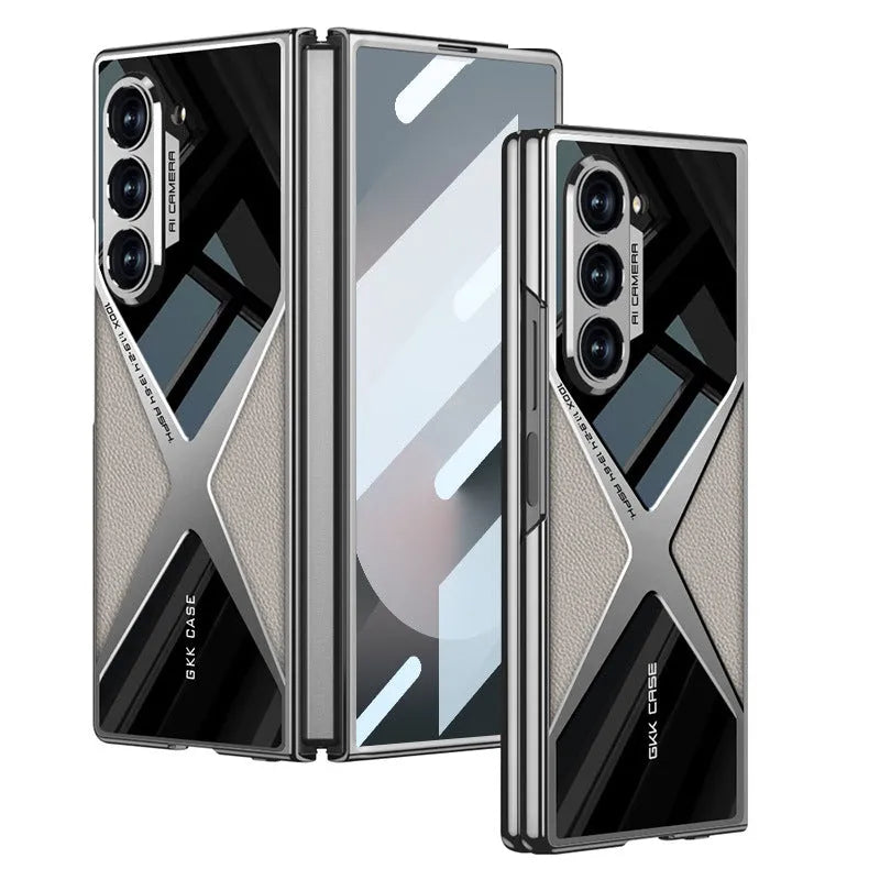 Cool Design Electroplated PU Leather Spliced Protective Shell with 9H Tempered Screen Protector for Samsung Galaxy Z Fold6/5/4/3