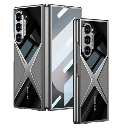 Cool Design Electroplated PU Leather Spliced Protective Shell with 9H Tempered Screen Protector for Samsung Galaxy Z Fold6/5/4/3