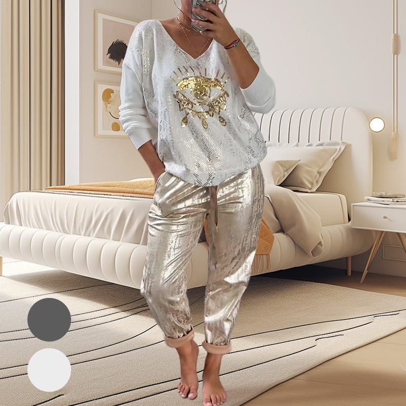 ✨ 2-teiliges Damen-Set: Goldfolien-Oberteil mit Devil's Eye Design & Pailletten-Hosen ✨