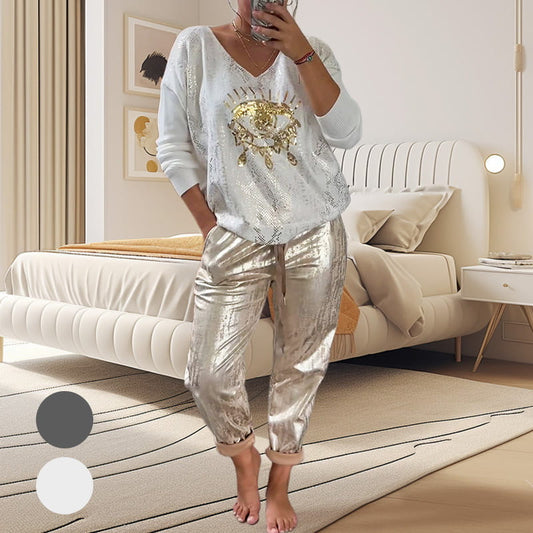 ✨ 2-teiliges Damen-Set: Goldfolien-Oberteil mit Devil's Eye Design & Pailletten-Hosen ✨