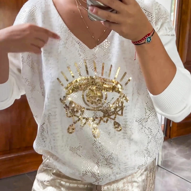 ✨ 2-teiliges Damen-Set: Goldfolien-Oberteil mit Devil's Eye Design & Pailletten-Hosen ✨