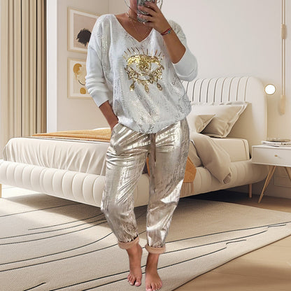 ✨ 2-teiliges Damen-Set: Goldfolien-Oberteil mit Devil's Eye Design & Pailletten-Hosen ✨