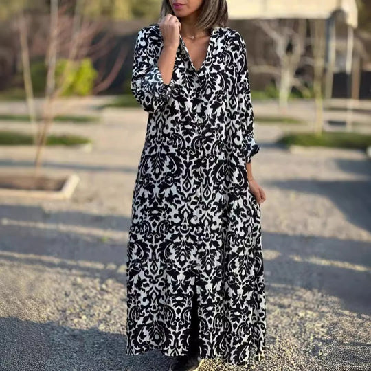 💕Langärmeliges Kleid mit Revers und Blumendruck für Frauen