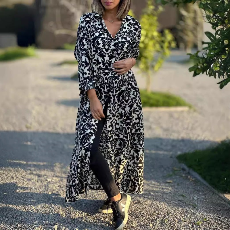 💕Langärmeliges Kleid mit Revers und Blumendruck für Frauen