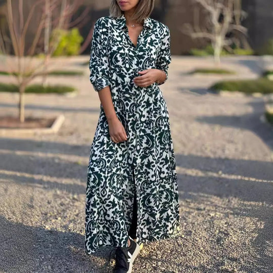💕Langärmeliges Kleid mit Revers und Blumendruck für Frauen