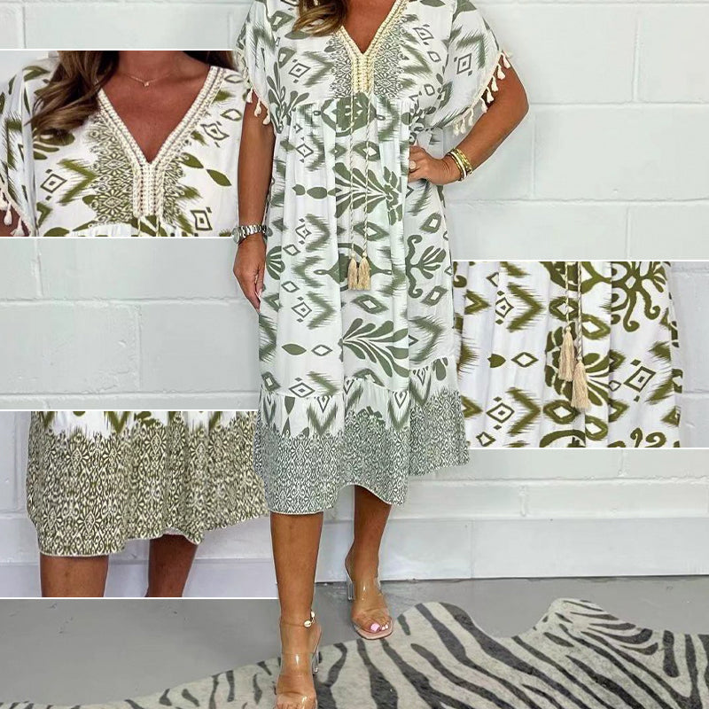 ✨Hot Sale 49% Off🌸Bedrucktes Freizeitkleid mit V-Ausschnitt und Fransen an den kurzen Ärmeln