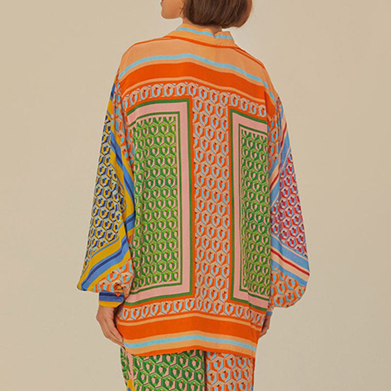 Brasiliens fröhlicher Geist, farbenfroher, einzigartiger Druck, Ballonärmel, Knopfleiste, lockeres Hemdset