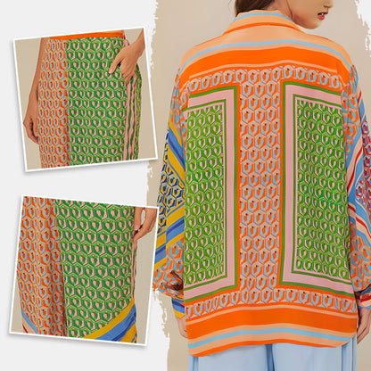 Brasiliens fröhlicher Geist, farbenfroher, einzigartiger Druck, Ballonärmel, Knopfleiste, lockeres Hemdset