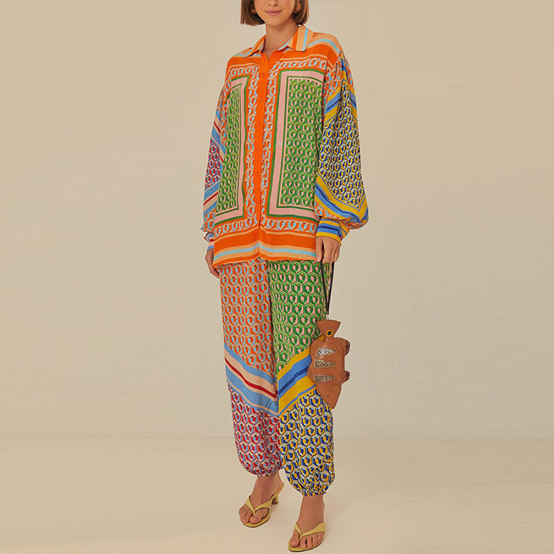 Brasiliens fröhlicher Geist, farbenfroher, einzigartiger Druck, Ballonärmel, Knopfleiste, lockeres Hemdset