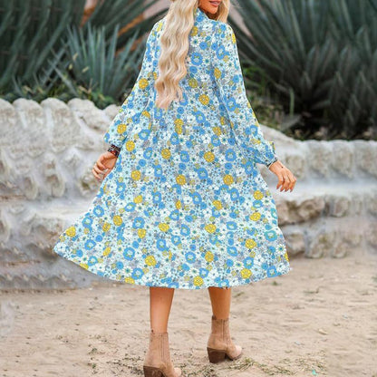 Damen Langarm V-Ausschnitt Bohemian Midi Kleid