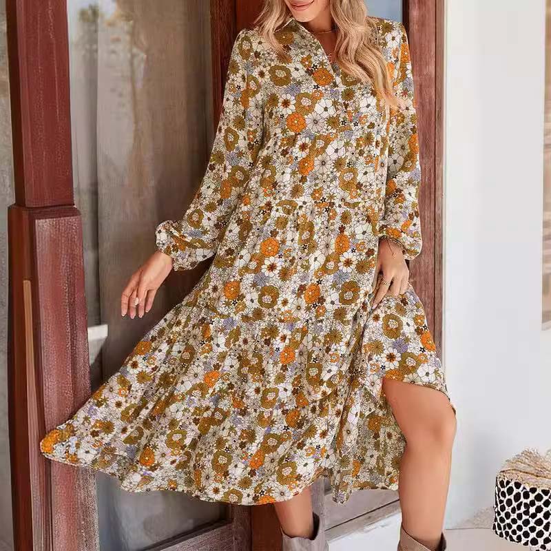 Damen Langarm V-Ausschnitt Bohemian Midi Kleid