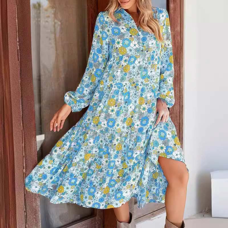 Damen Langarm V-Ausschnitt Bohemian Midi Kleid