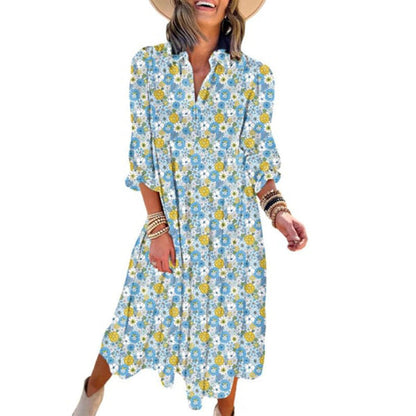 Damen Langarm V-Ausschnitt Bohemian Midi Kleid