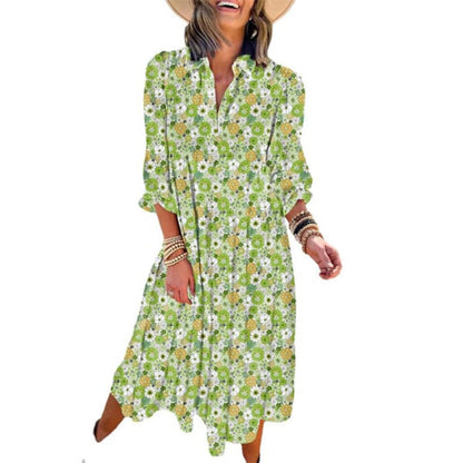 Damen Langarm V-Ausschnitt Bohemian Midi Kleid