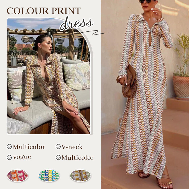 Beach Knit Colorful Print Long-Sleeve Maxi Dress