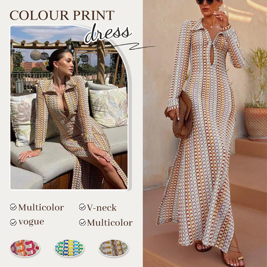 Beach Knit Colorful Print Long-Sleeve Maxi Dress