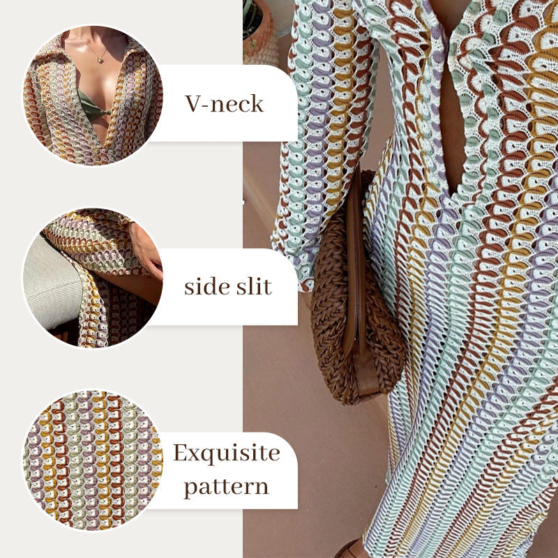 Beach Knit Colorful Print Long-Sleeve Maxi Dress