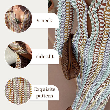 Beach Knit Colorful Print Long-Sleeve Maxi Dress