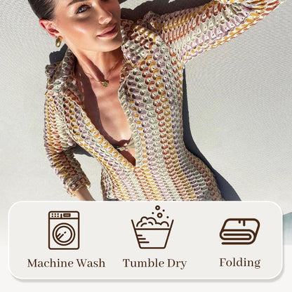 Beach Knit Colorful Print Long-Sleeve Maxi Dress