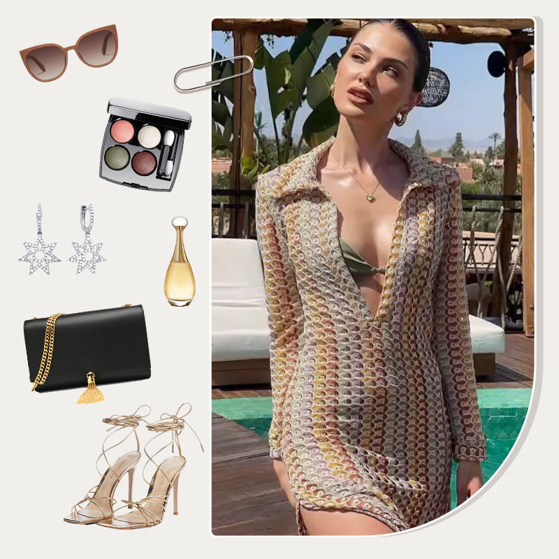 Beach Knit Colorful Print Long-Sleeve Maxi Dress