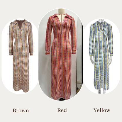Beach Knit Colorful Print Long-Sleeve Maxi Dress