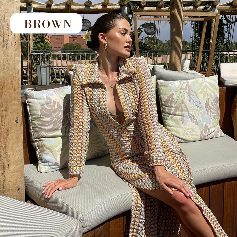 Beach Knit Colorful Print Long-Sleeve Maxi Dress