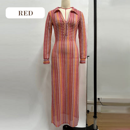 Beach Knit Colorful Print Long-Sleeve Maxi Dress