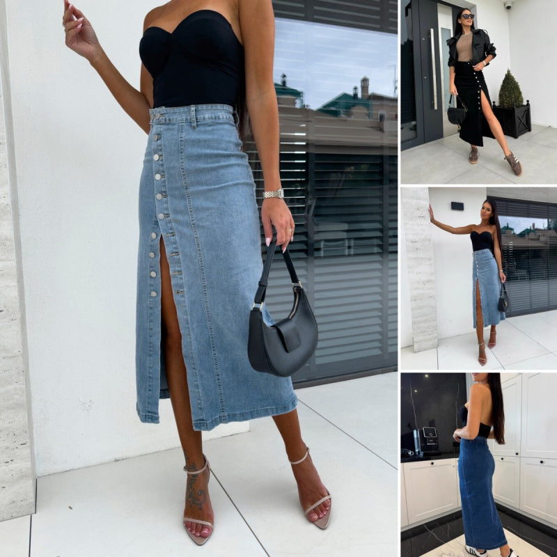 Stylish Button Closure Split Denim Bodycon Skirt