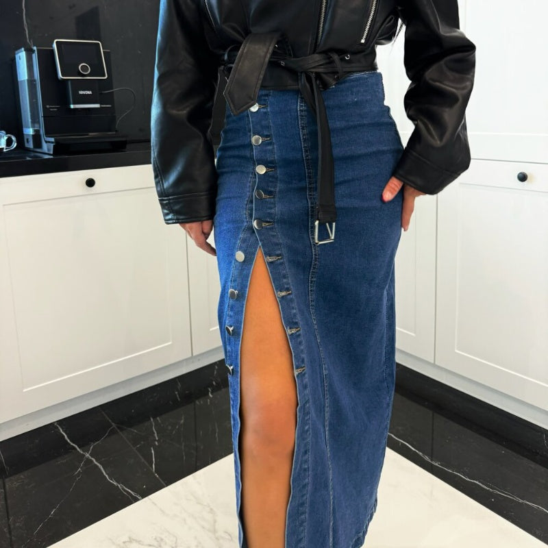 Stylish Button Closure Split Denim Bodycon Skirt