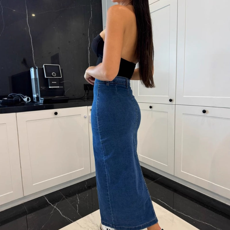 Stylish Button Closure Split Denim Bodycon Skirt