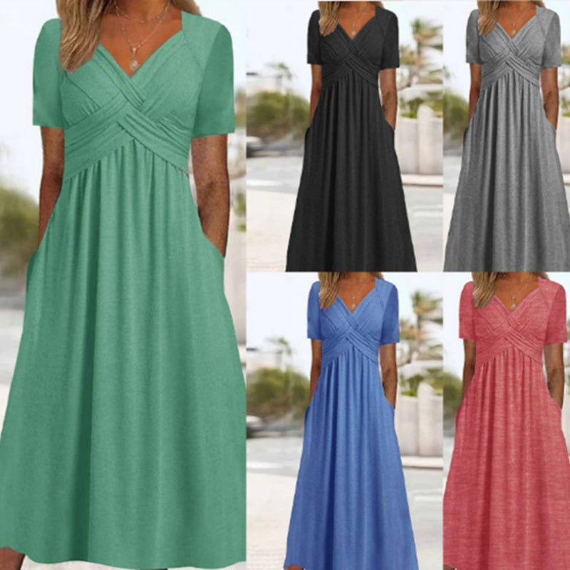 👗 Women’s V-Neck Short Sleeve Long Dress 🌸 Elegant Flowing Fit, Comfortable Fabric &amp; Effortless Everyday Style