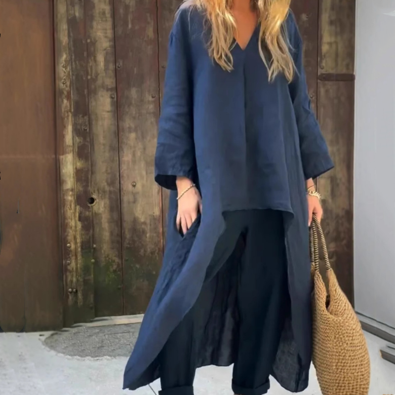 Sommerliches, lockeres Damen 2-teiliges Set: Oberteil mit Tasche und V-Ausschnitt & passende Hose