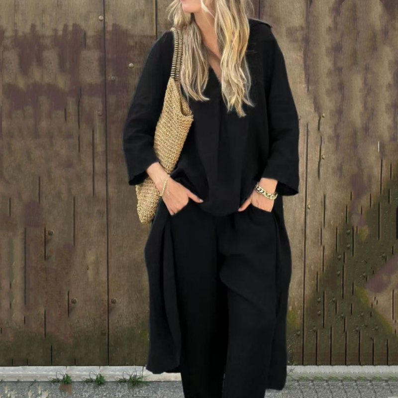 Sommerliches, lockeres Damen 2-teiliges Set: Oberteil mit Tasche und V-Ausschnitt & passende Hose