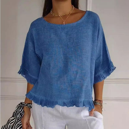 Einfarbige, kurzärmlige Oberteile mit Rundhalsausschnitt und Rüschen für Damen