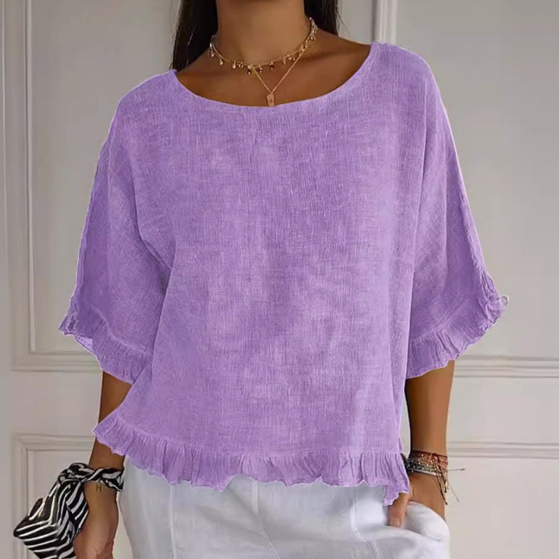 Einfarbige, kurzärmlige Oberteile mit Rundhalsausschnitt und Rüschen für Damen