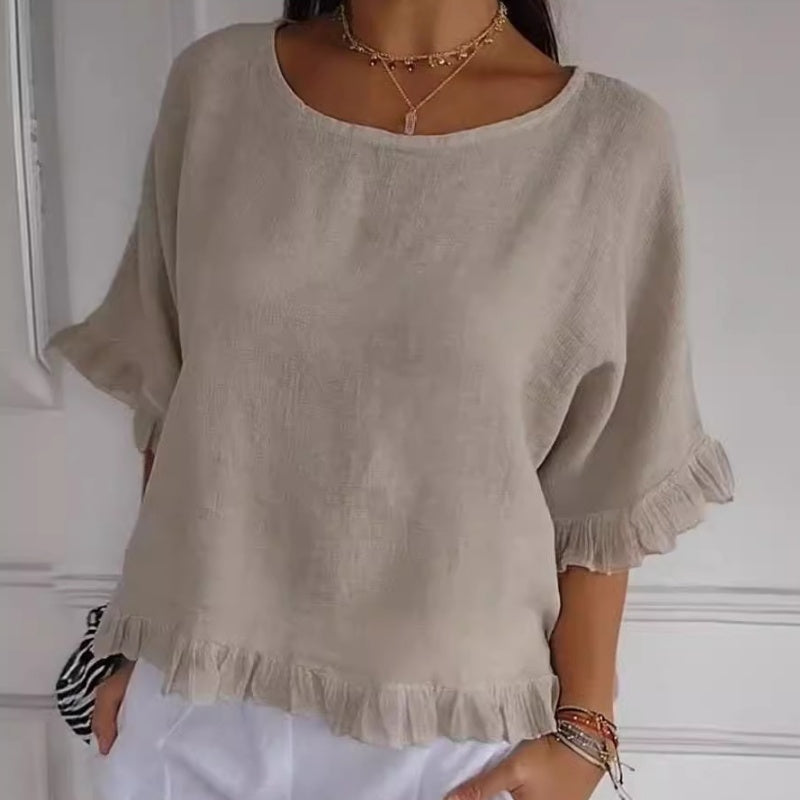 Einfarbige, kurzärmlige Oberteile mit Rundhalsausschnitt und Rüschen für Damen