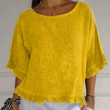 Einfarbige, kurzärmlige Oberteile mit Rundhalsausschnitt und Rüschen für Damen